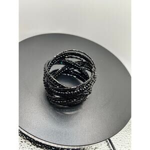 Vintage Black Seed Bead Multi Strand Cuff Bracelet Memory Wire Boho Statement